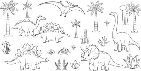 Cute dinosaur vector set with brachiosaurus, triceratops, stegosaurus, and pterodactyl in a prehistoric landscape with palm trees for children coloring book designs © MDFiroj