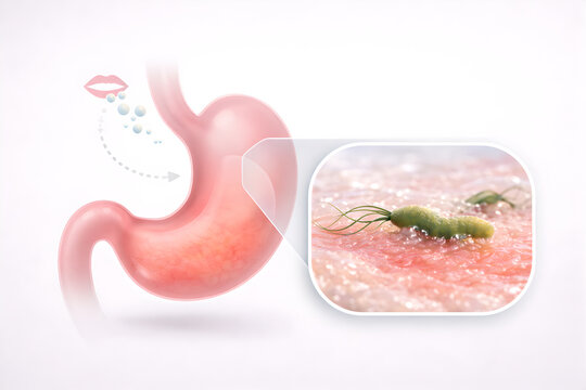 Photorealistic 3D visualization stomach mucosa showing Helicobacter pylori colonization: a few spiral-shaped bacteria with flagella embedded within the protective mucus layer near gastric epithelial s
