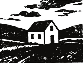 Obraz premium Rustic countryside house with rolling hills and dramatic clouds in black and white art