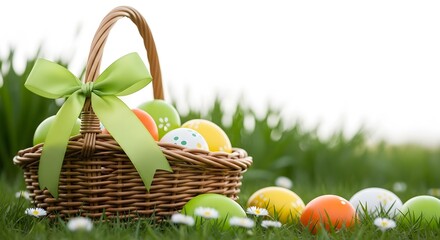 Easter sunday celebration with colorful eggs and basket in green grass