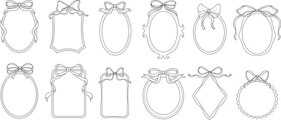 Elegant collection of decorative vintage frames with bows and ribbons. Hand-drawn ornamental outline shapes in classic and romantic style. Perfect for invitations, greeting cards, labels, wedding