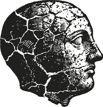 Cracked ancient stone head sculpture, fragmented bust profile with weathered texture and detailed carving