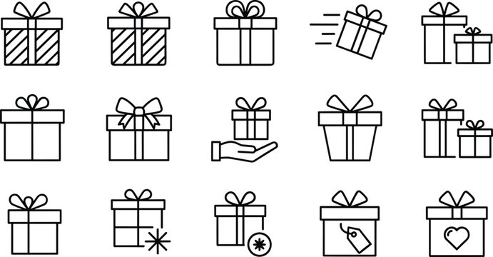 Gift box line icon set with ribbon bows, present packages, surprise delivery symbols, and holiday rewards for e-commerce and festive marketing.