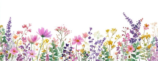 Watercolor illustration depicts a vibrant border of wildflowers with various colors on a white backdrop