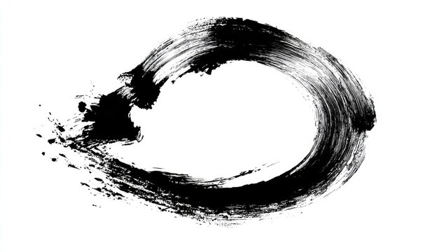 A black, abstract brushstroke resembling an incomplete circle on a white background