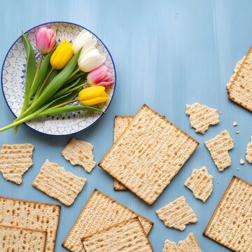 Traditional matzah crackers paired with a vibrant bouquet of tulips on a light blue surface