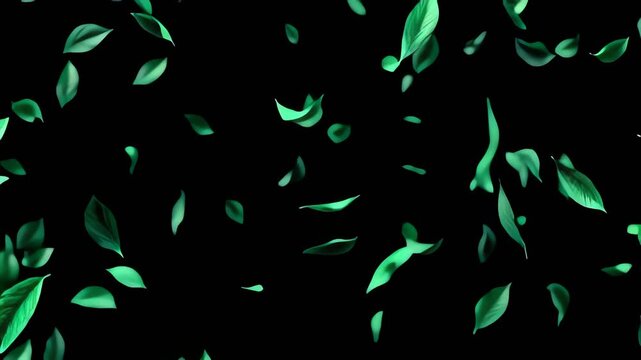 Falling Green Leaves on Black Background.