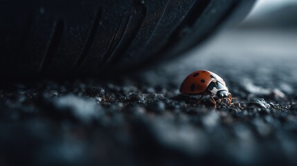 Lady Bug Close-up on Asphalt Surface. Near Death Experience.