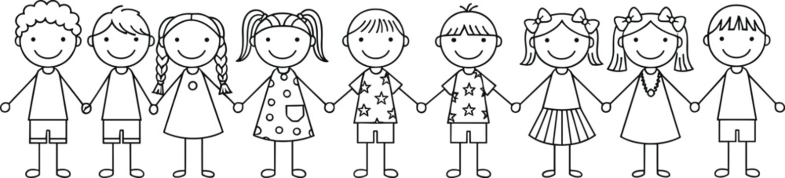 Hand drawn stick figure children holding hands vector set for community, education, and charity designs featuring happy boys and girls in a row.