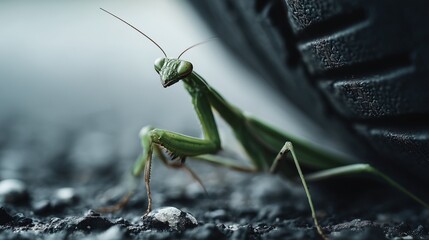 Praying Mantis Close-up on Asphalt Surface. Near Death Experience.