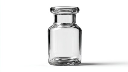 A clear, small, empty glass vial with a wide base and flared neck, casting a shadow