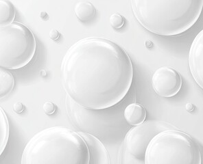 Shiny, smooth white spheres of varying sizes floating on a white surface with subtle shadows