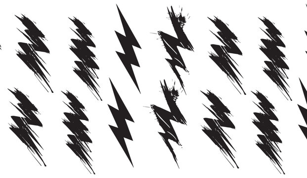 Grunge lightning bolt pattern in black and white with jagged shapes and distressed brush strokes for dynamic background design