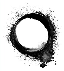 Abstract black ink circle with splatters, negative space center, white background