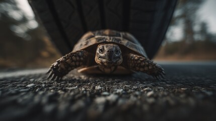 Small Terrestrial Tortoise on Asphalt Road Underneath Blurred Vehicle Tire