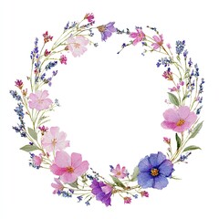 Watercolor floral wreath with pink, purple, and blue blossoms and green leaves