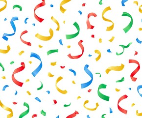 Colorful, falling streamers and confetti against a bright white backdrop, a festive graphic