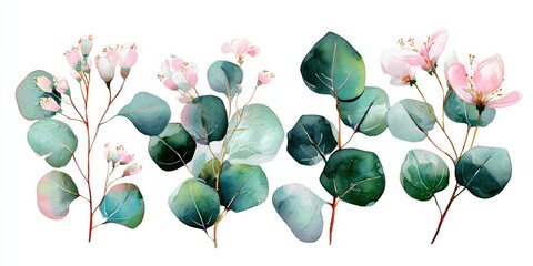 Watercolor depiction of eucalyptus branches with pink blossoms against a white backdrop