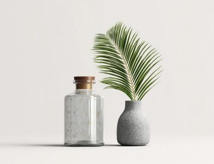 A clear glass bottle with cork & a textured vase with a tropical palm leaf