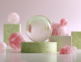 Abstract 3D composition with sphere, cubes, and various spherical forms. Pastel palette