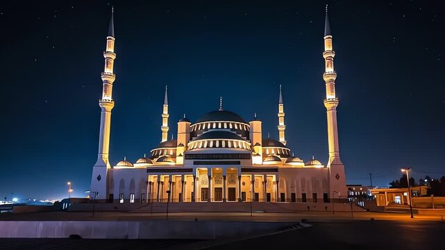 Large mosque with four minarets illuminated.