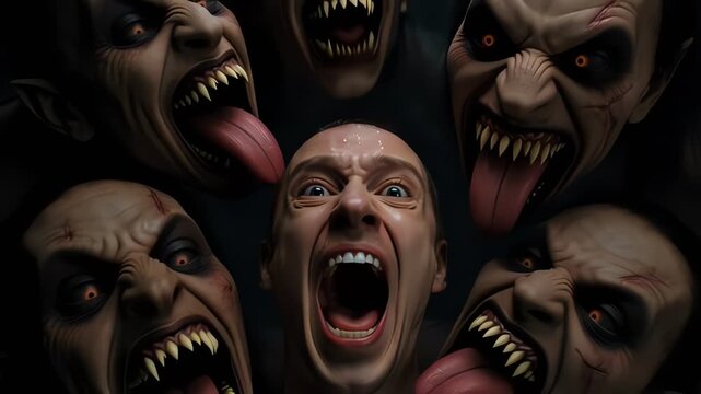 Man surrounded by creepy monster faces.