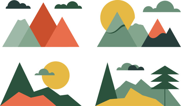 Geometric mountain icons and wilderness symbols vector for travel logo design outdoor adventure branding and nature photography watermark templates