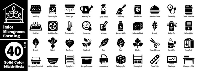 Indoor microgreens farming solid color editable stocks set. Cultivating fresh, nutrient-rich greens in controlled indoor environments. essential tools and processes vector illustration. © Hafiz