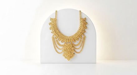 Elaborate gold filigree necklace with cascading chains on a display stand