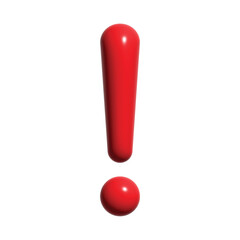 Realistic glossy red exclamation mark. 3D vector symbol with reflection isolated on white. Perfect icon for warning, danger, alert, error messages, stop signal, and important notifications.