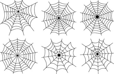 Obraz premium Spider web vector set with six cobweb designs in black line art style, spooky Halloween decoration elements, horror spiderweb illustrations isolated on white background.