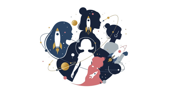 Illustration of a female scientist and little girl celebrating World Day of Woman and Girls in Science with a rocket and planets in a colorful design.