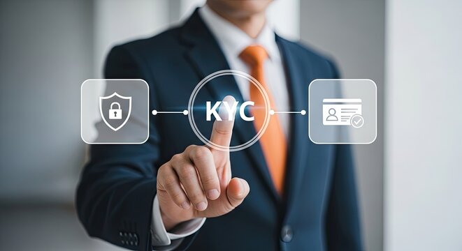 A businessman in a dark suit and orange tie taps a glowing digital KYC button, connected to security shield and user identification icons within an office setting.