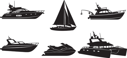 Black Solid Diverse Watercraft Vehicle Silhouettes Set of Six on White Background © Shakeel