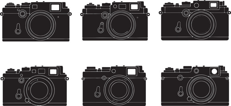 Black Solid Vintage Rangefinder Camera Silhouettes Set of Six on White Background