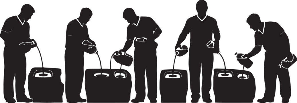 Black Solid Mechanic Washer Fluid Silhouettes Set of Six on White Background