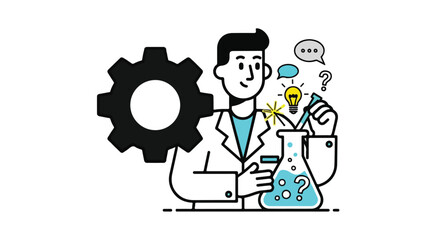 Vector illustration of male scientist or researcher with gear, lightbulb, and beaker, problem-solving concept isolated on white