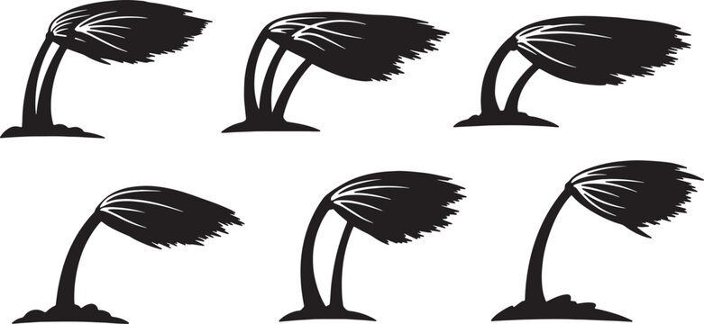 Black Solid Wind Blown Palm Tree Silhouettes Set of Six on White Background