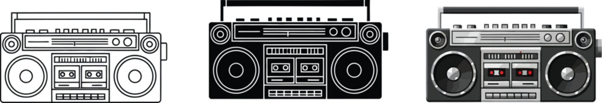 Collection of retro boombox icons vintage portable music player illustrations in flat design for music and 80s themes