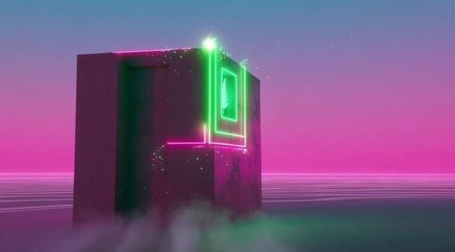 Brutalist monolithic building displays a vibrant neon green fern sign in a vaporwave sunset gradient sky