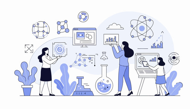 Illustration of women and girls in science, featuring a female scientist, little girl, and woman doctor or nurse, celebrating World Day of Woman and Girls in Science with various scientific