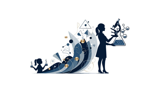 Illustration of a female scientist and a little girl engaging in science activities on World Day of Woman and Girls in Science with a design icon for gender equality in a graphic resource