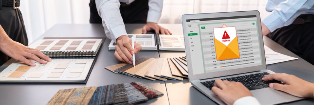 Cyber attacking concept. Malware alert showing on computer screen display scam and threat detection on computer system or online server to be removed brisk.