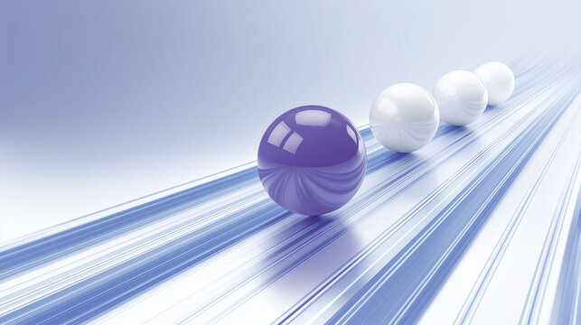 Purple sphere leading the race against white spheres on abstract blue track symbolizing leadership and speed