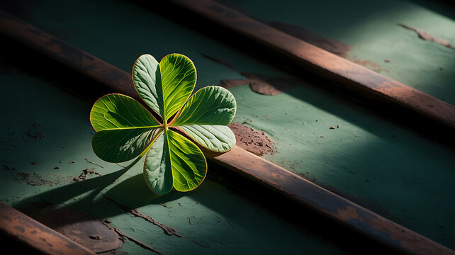 A solitary five-leaf clover, a symbol of extraordinary luck, rests on weathered green planks.