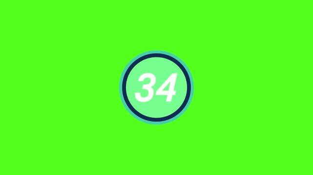 A bright green screen with a circular icon displaying the number thirty-four 34 in the center
