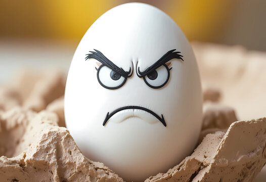  an angry egg with expressive face breaking through a cracked shell. Represents frustration, pressure, challenge, or emotional stress themes