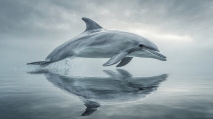 Fototapeta premium Dolphin Swimming Near the Surface of the Water With Reflections in a Quiet Setting During the Day
