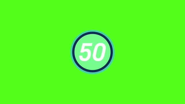 A bright green screen with a circular logo displaying the number fifty 50 in white text