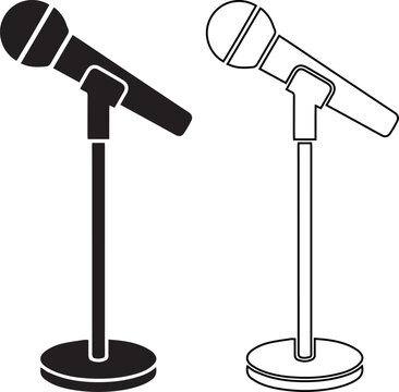 Microphone on stand icon and audio equipment vector set. Speech recording device symbol. Black silhouette and outline design isolated for karaoke music or news interview logo.